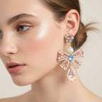 Rhinestone Bow Pearl Drop Earrings Gold