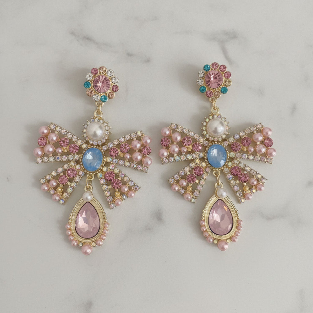 Rhinestone Bow Pearl Drop Earrings Gold – jewelry (view 2)