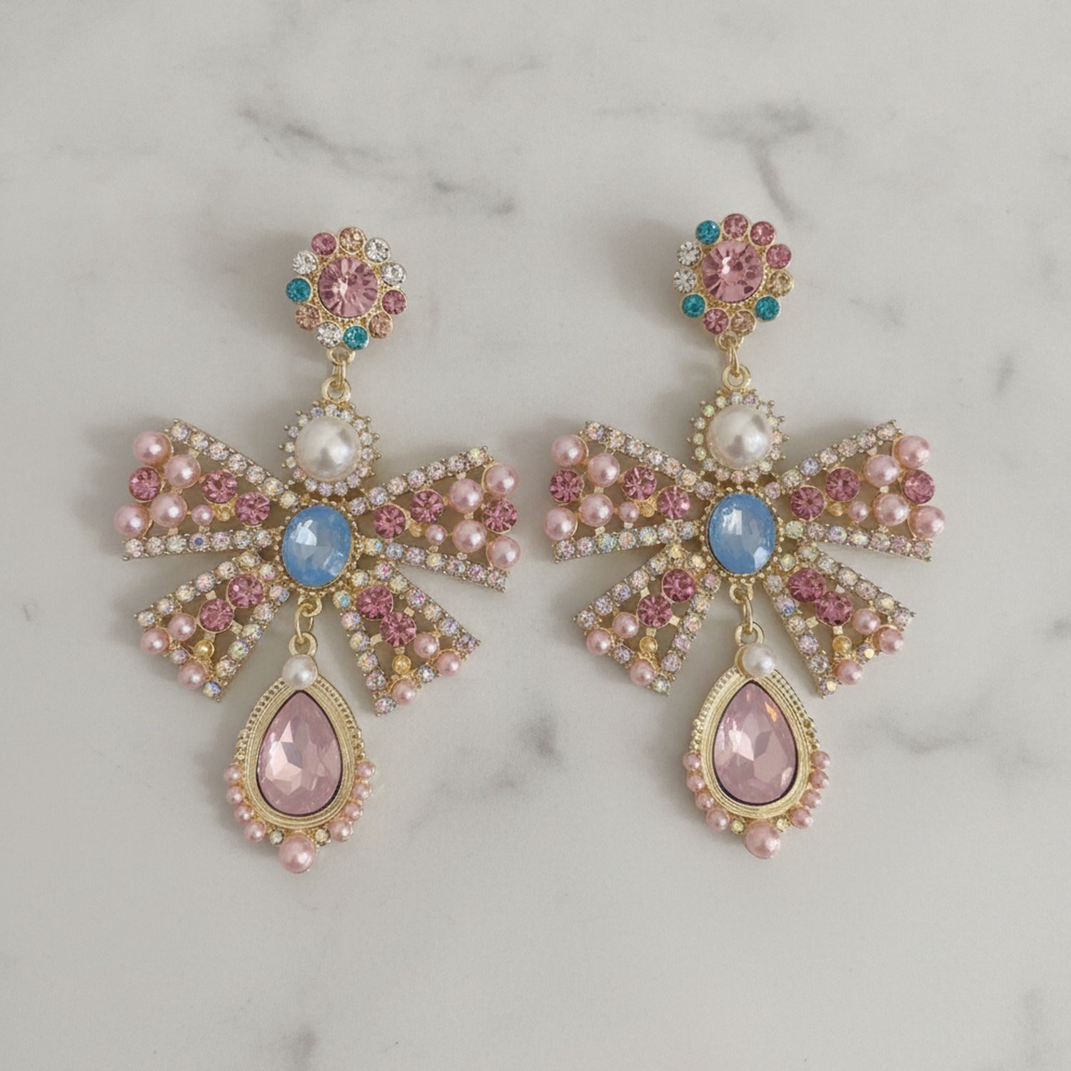 Rhinestone Bow Pearl Drop Earrings Gold