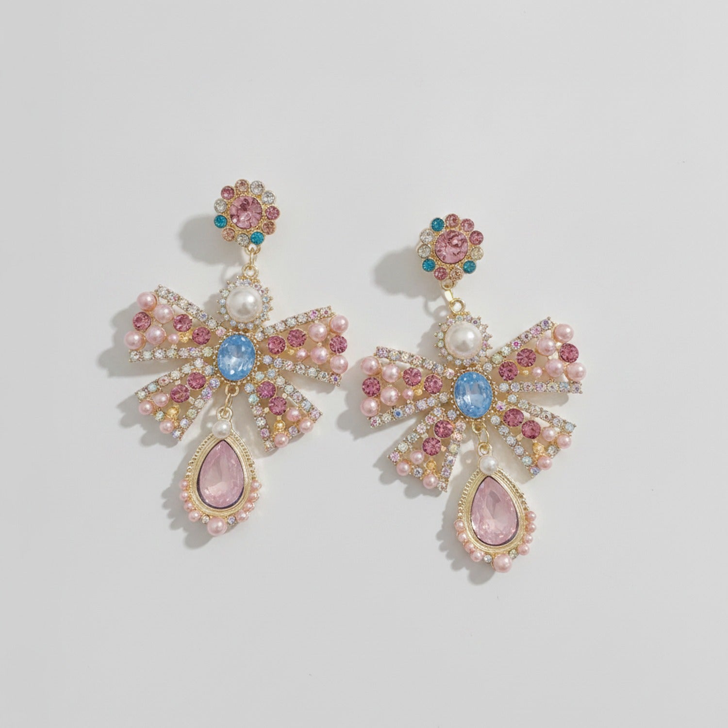 Rhinestone Bow Pearl Drop Earrings Gold