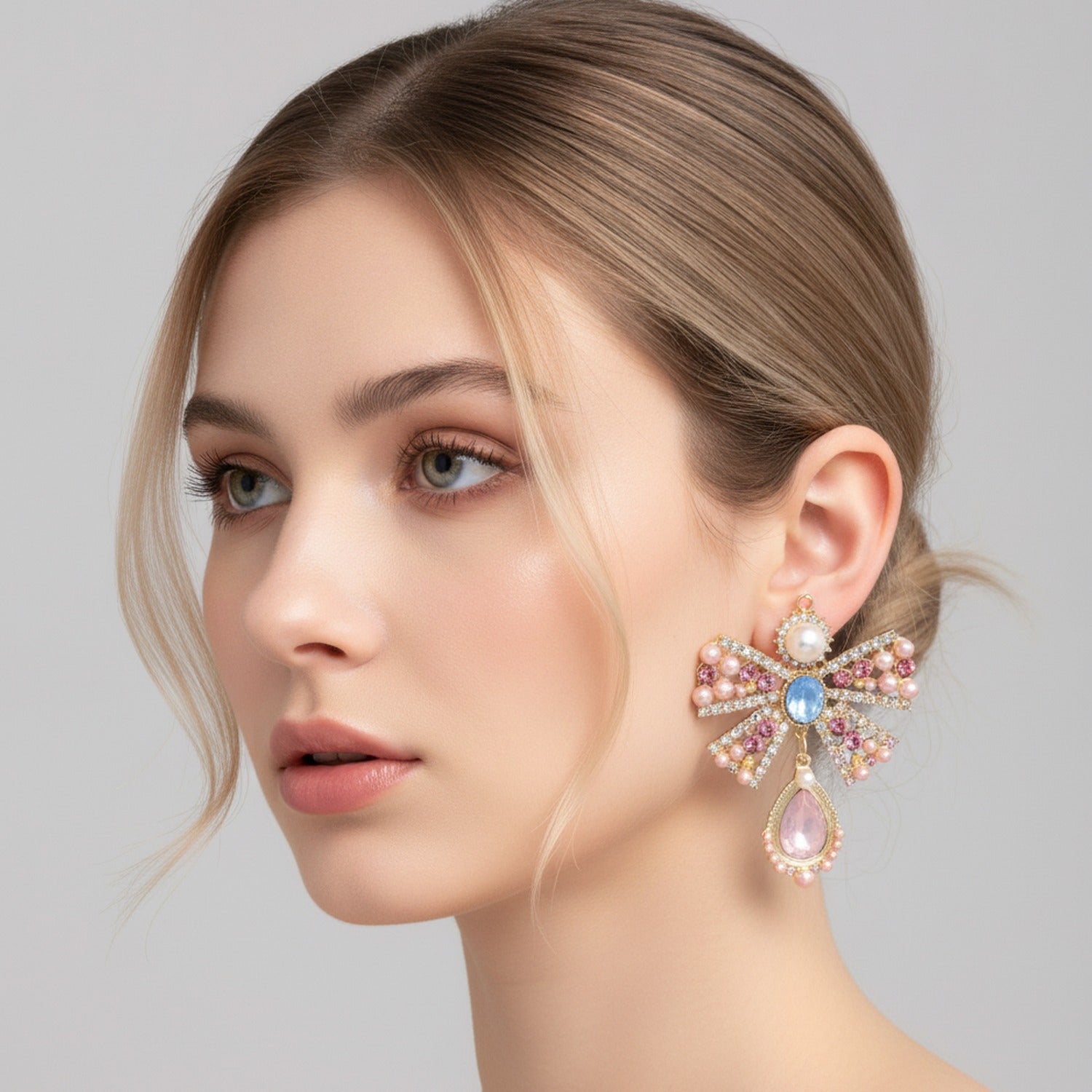 Rhinestone Bow Pearl Drop Earrings Gold