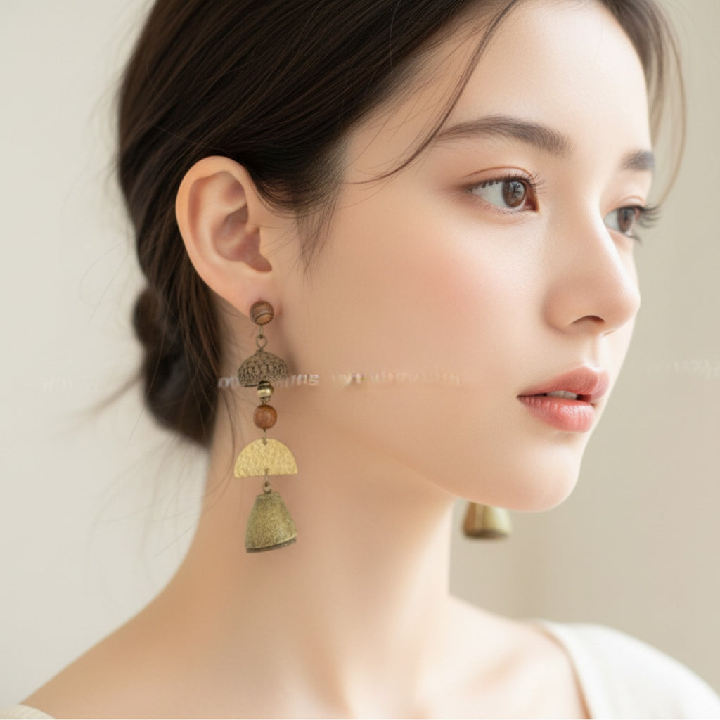 Woven Bell Charm Drop Earrings With Wooden Beads
