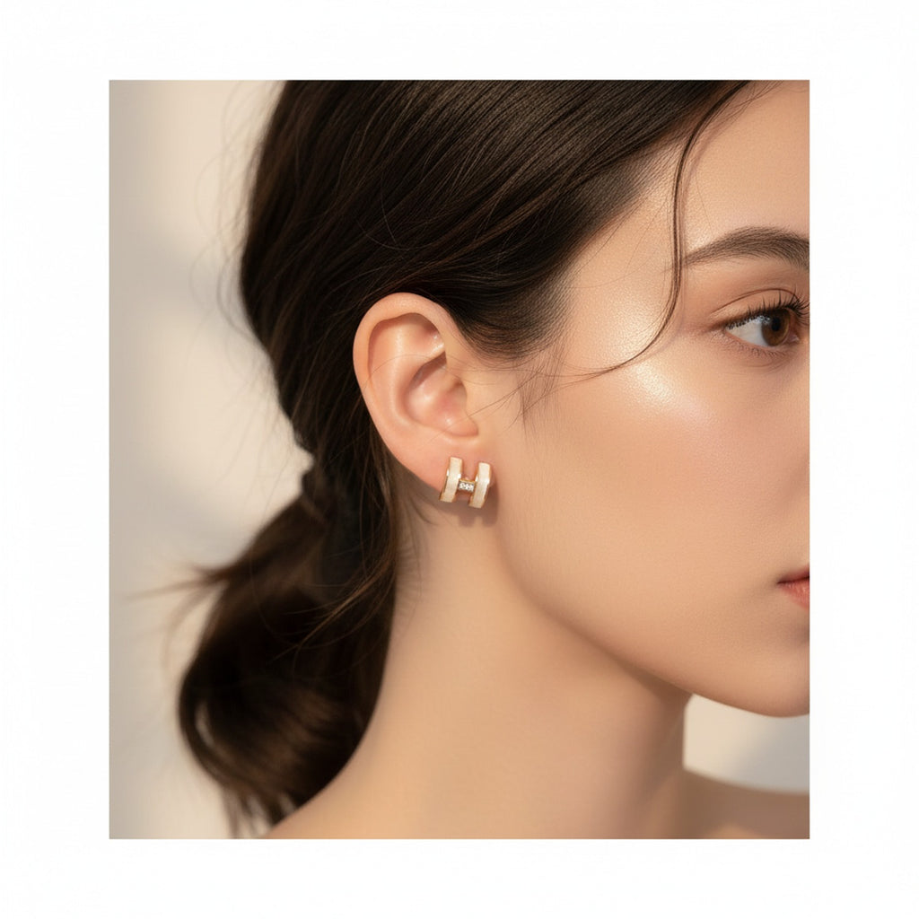 Gold Chunky H-Shape Rhinestone Earrings