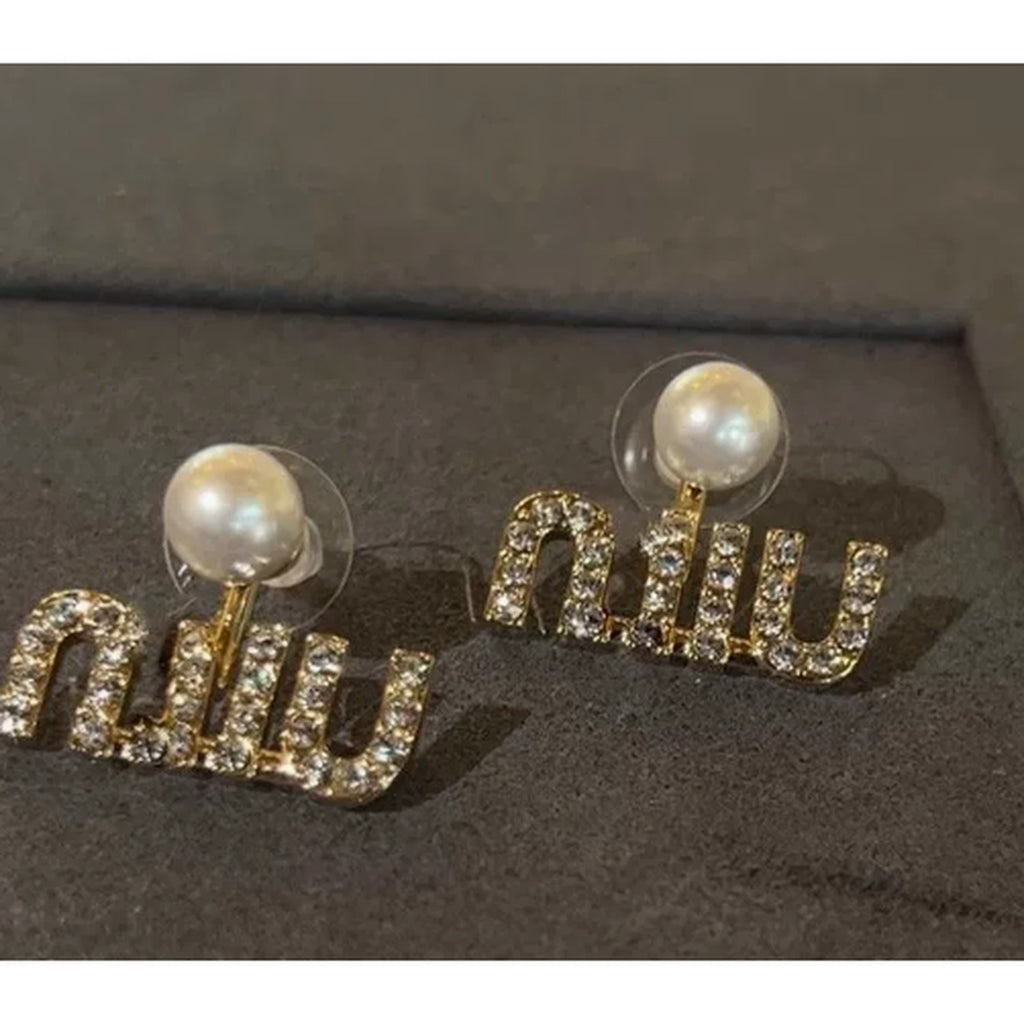 Pearl and Rhinestone Initial Letter Stud Earrings - Default