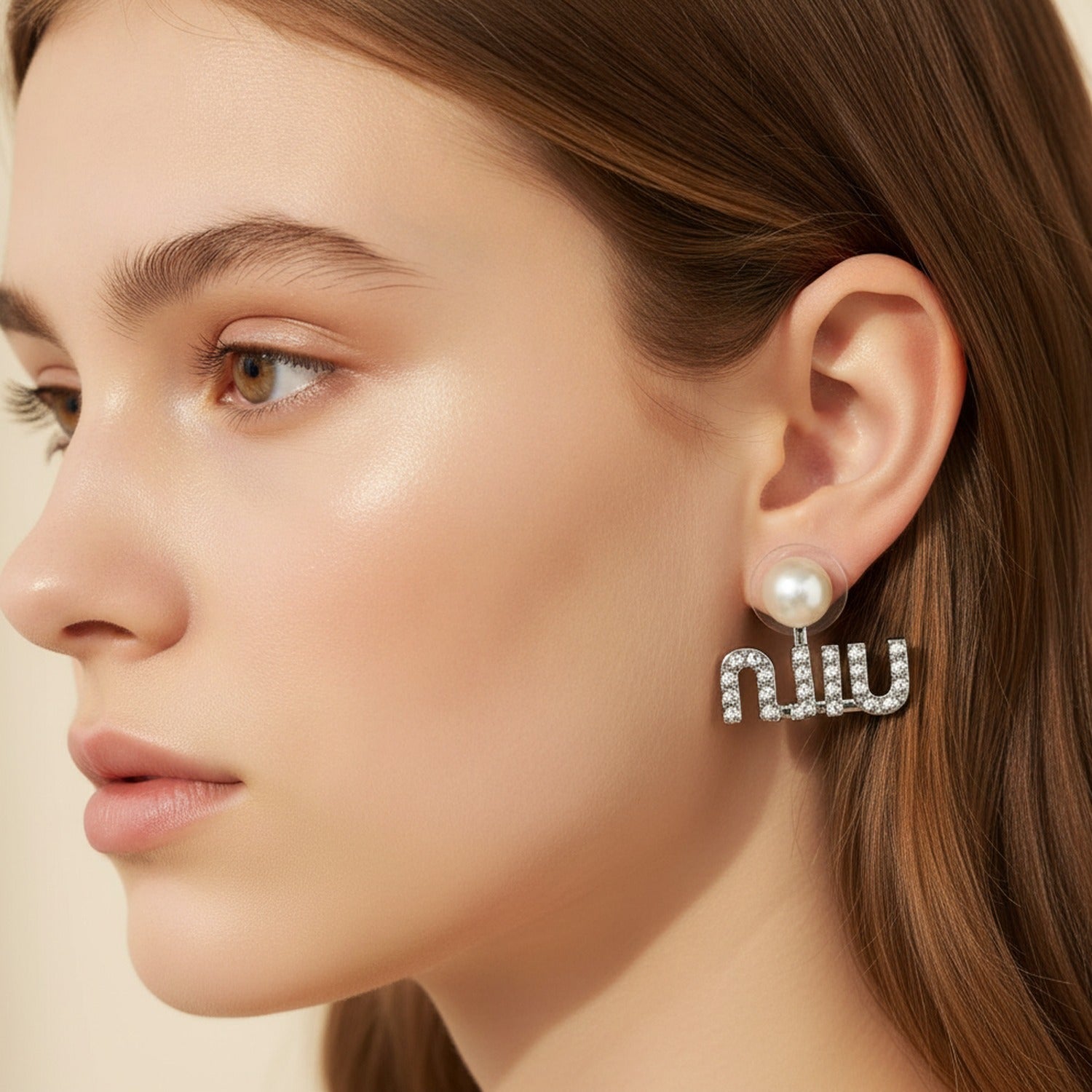 Pearl and Rhinestone Initial Letter Stud Earrings - Default 2