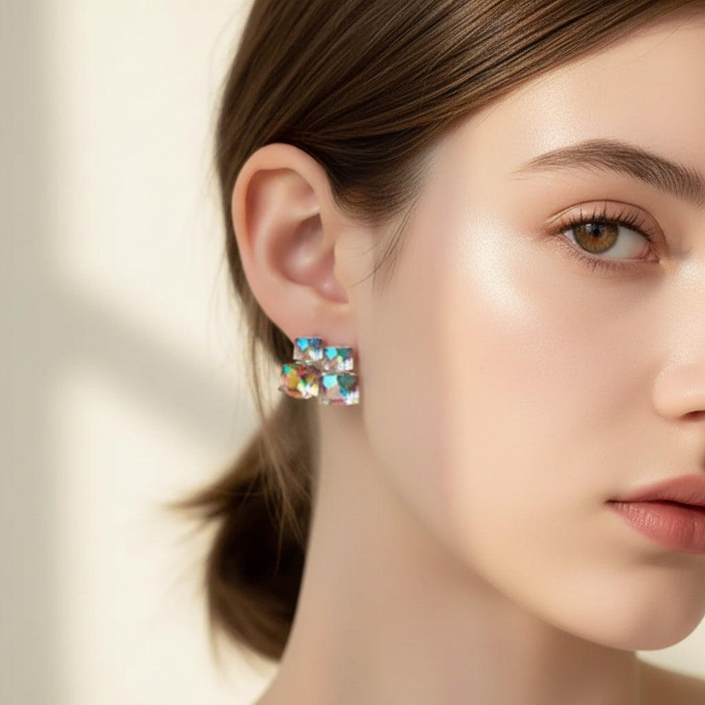 Multicolor Square Crystal Stud Earrings