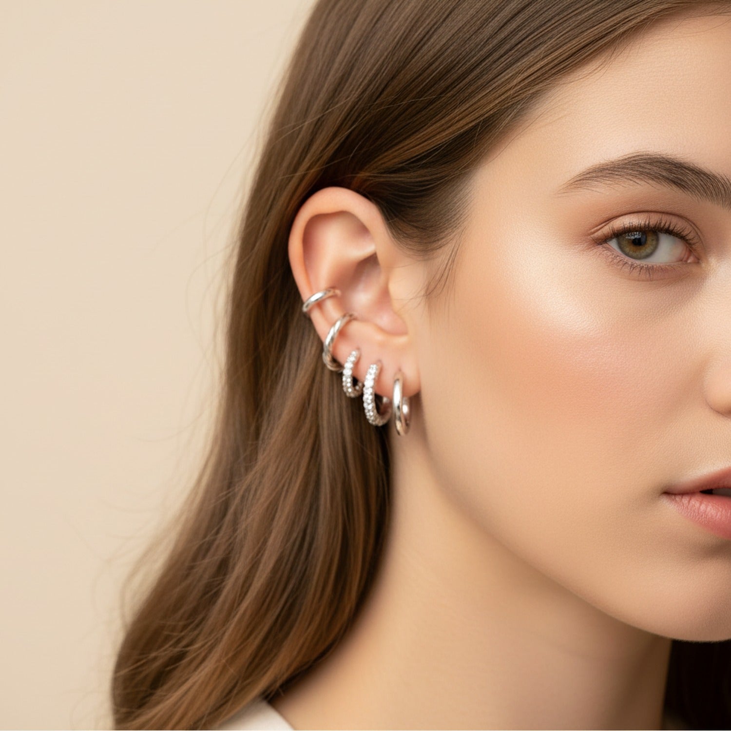 Silver Pearl and Crystal Hoop Earring Set