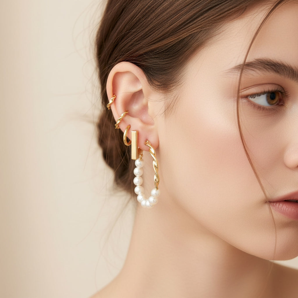 Gold Pearl Beaded Hoop Earring Set