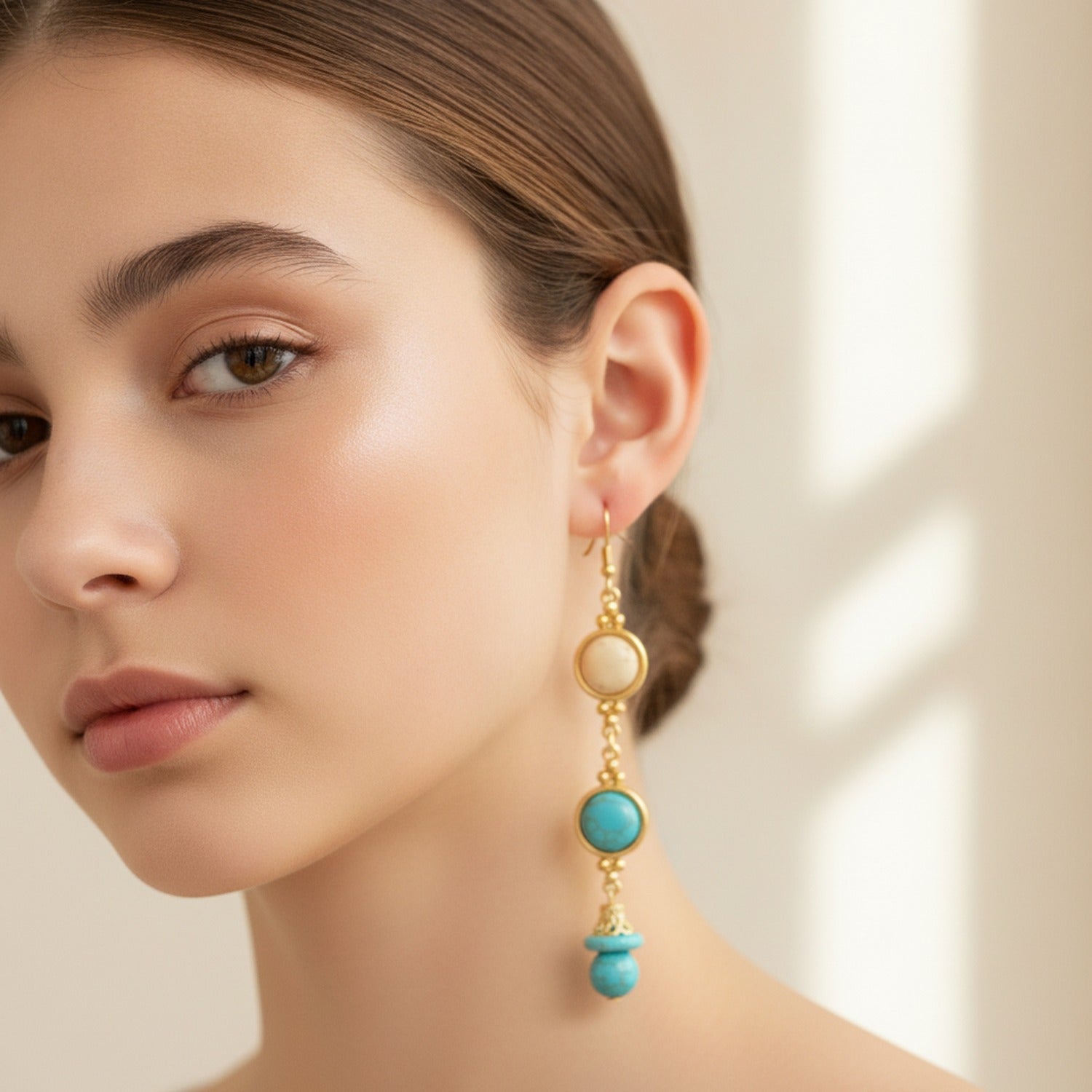 Turquoise & Cream Beaded Drop Earrings