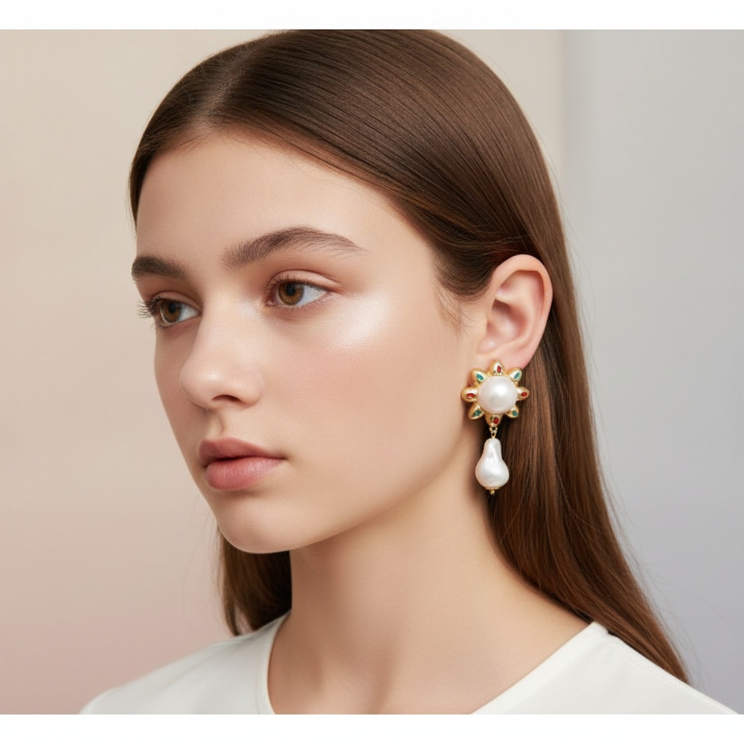Pearl Drop Flower Statement Earrings