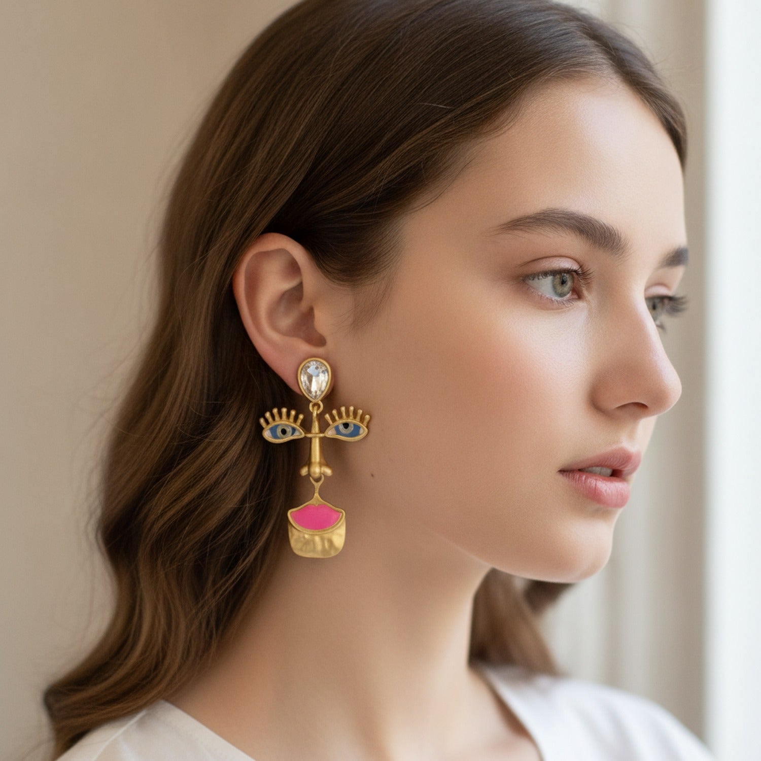 Gold Abstract Face Statement Earrings