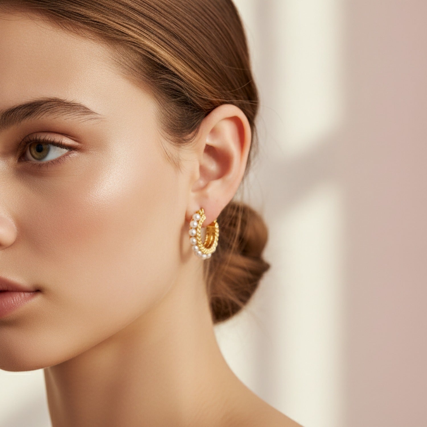 Pearl & Gold Textured Hoop Earrings