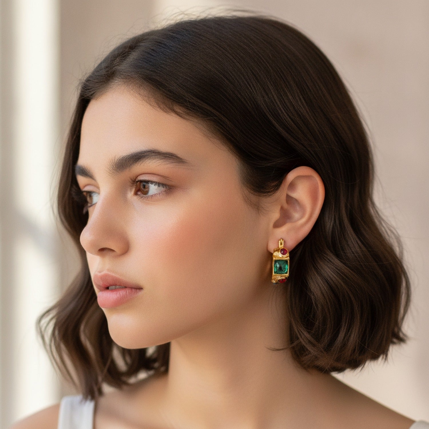 Emerald & Ruby Gold Chunky Hoops