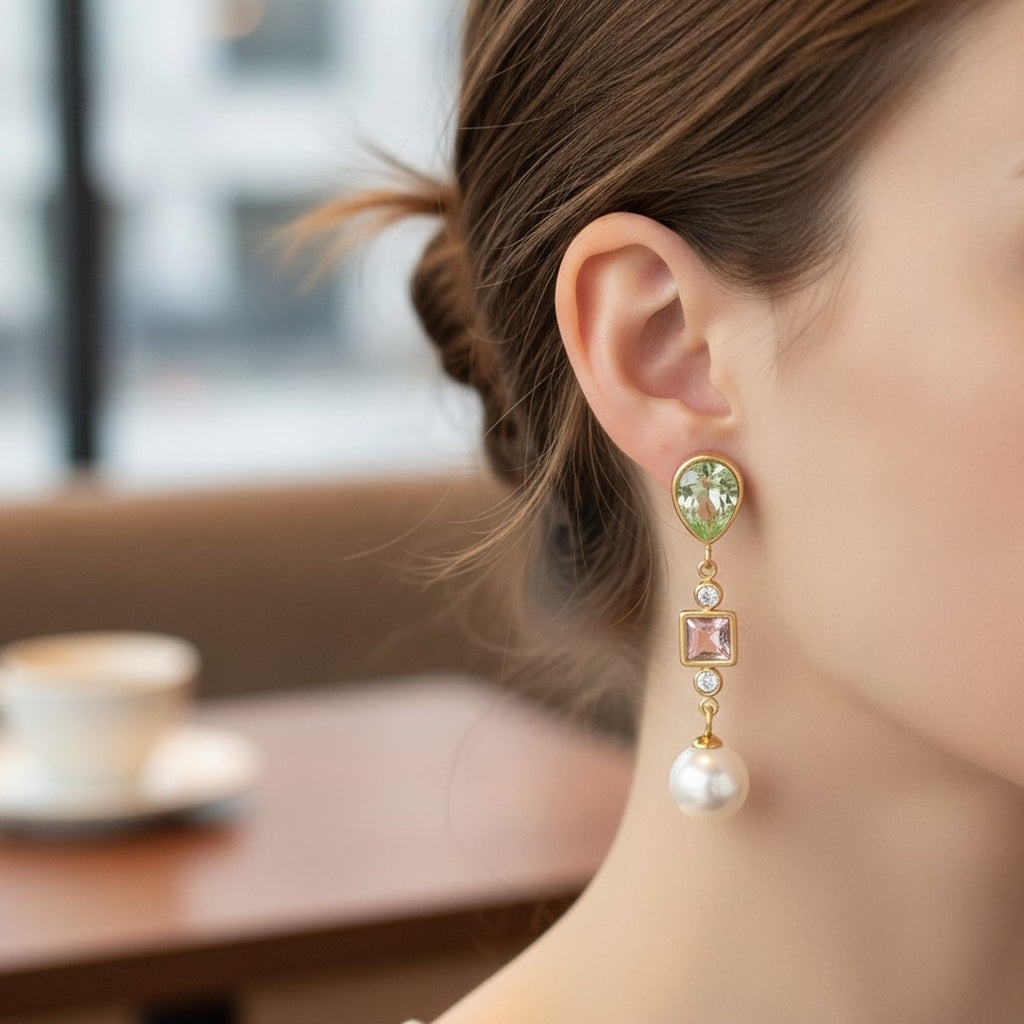 Gold Plated Pastel Gemstone Pearl Drop Earrings – jewelry (view 3)