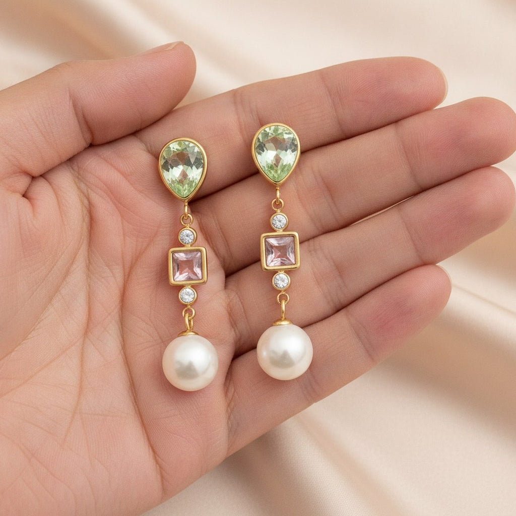 Gold Plated Pastel Gemstone Pearl Drop Earrings – jewelry (view 4)