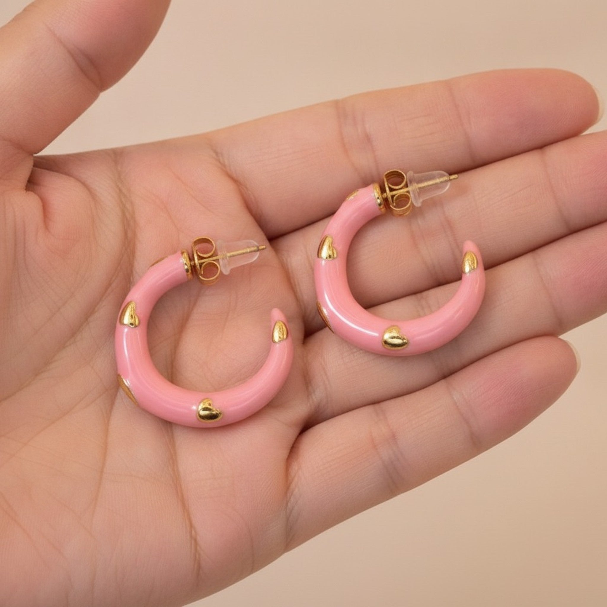 Chic Enamel Hoop Earrings with Heart Accents – jewelry (view 4)