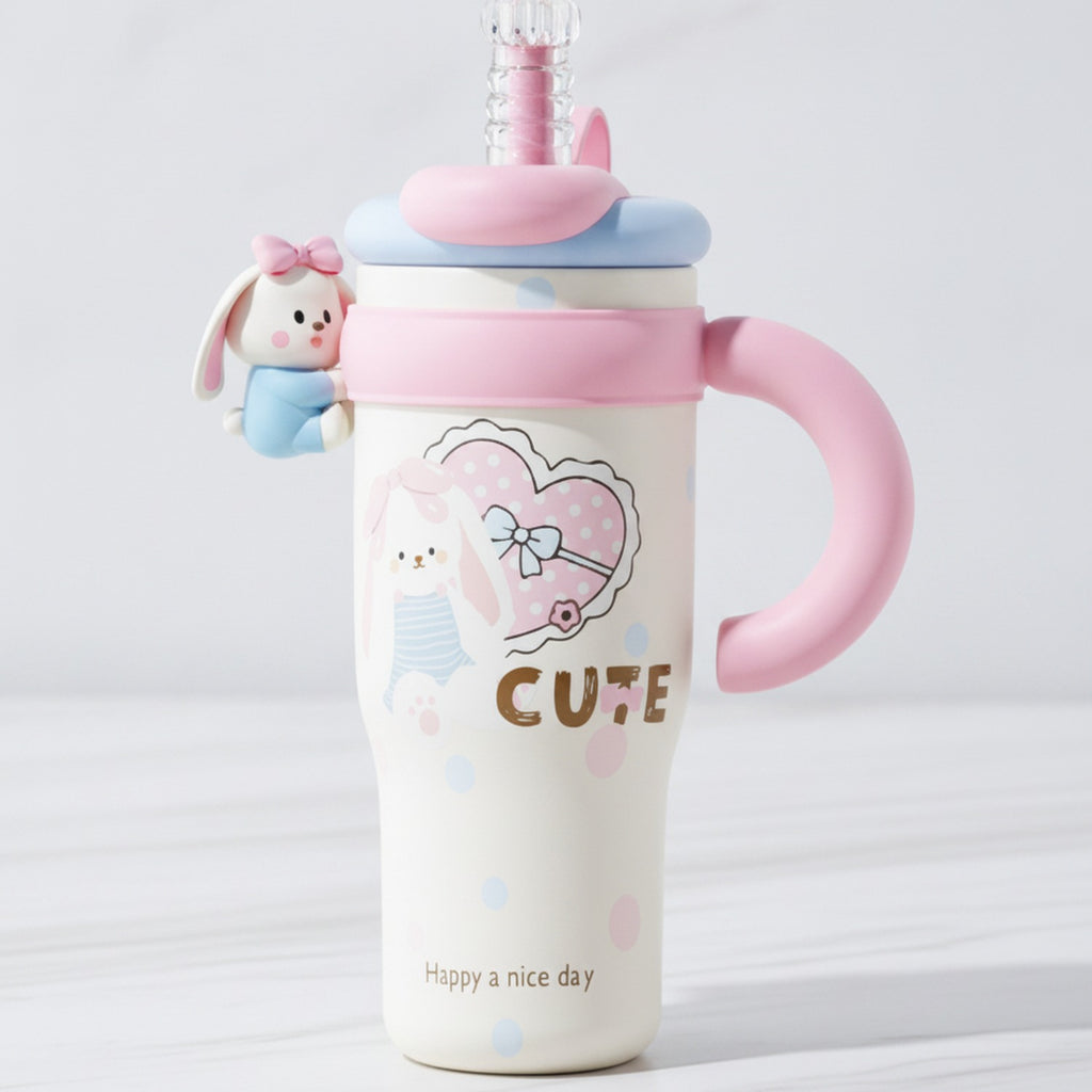Bunny "Cute" Kids Straw Tumbler - Pink 1250ML Ceramic Coated Tumbler – novelty & toys (view 2)