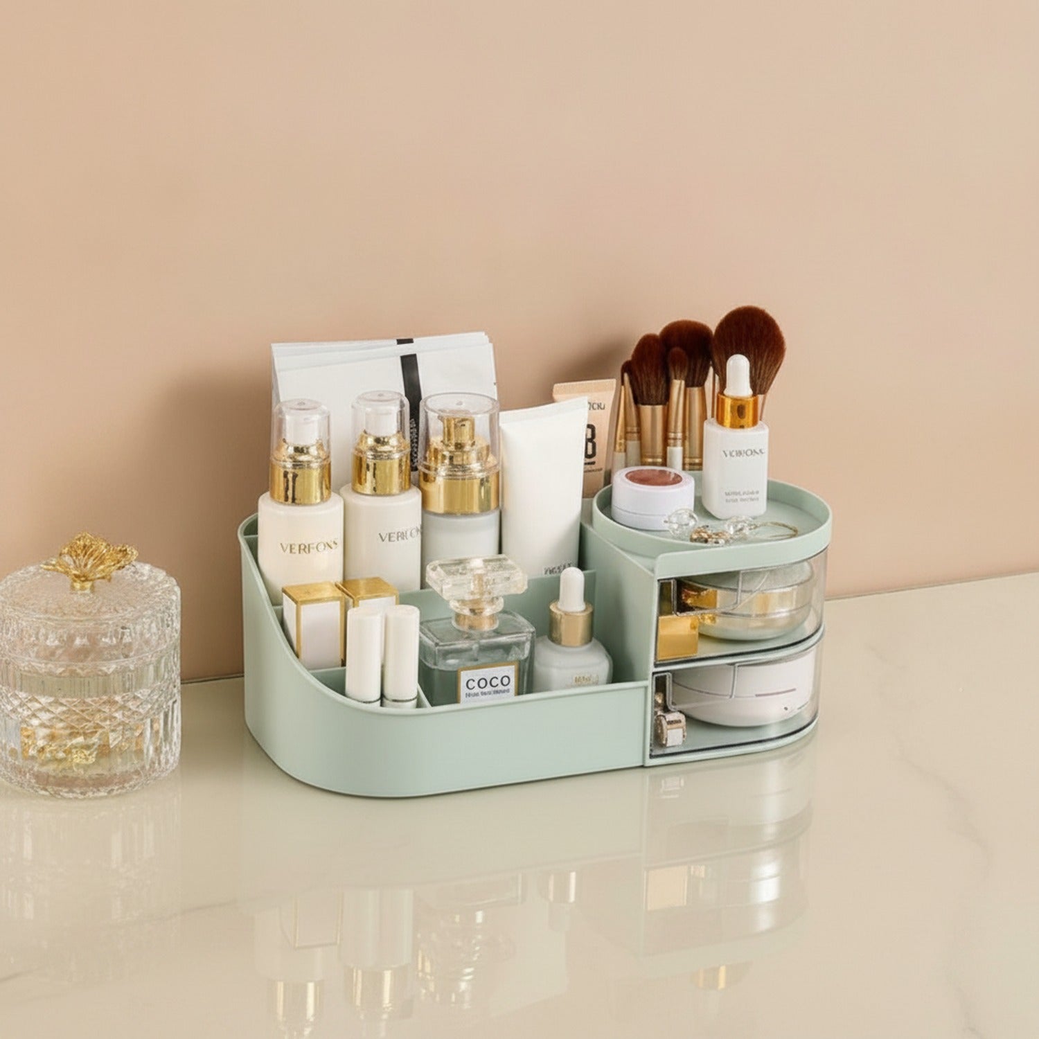 Rotating Cosmetic Organizer With Mirror And Brush Holder - Light Green Large No Mirror