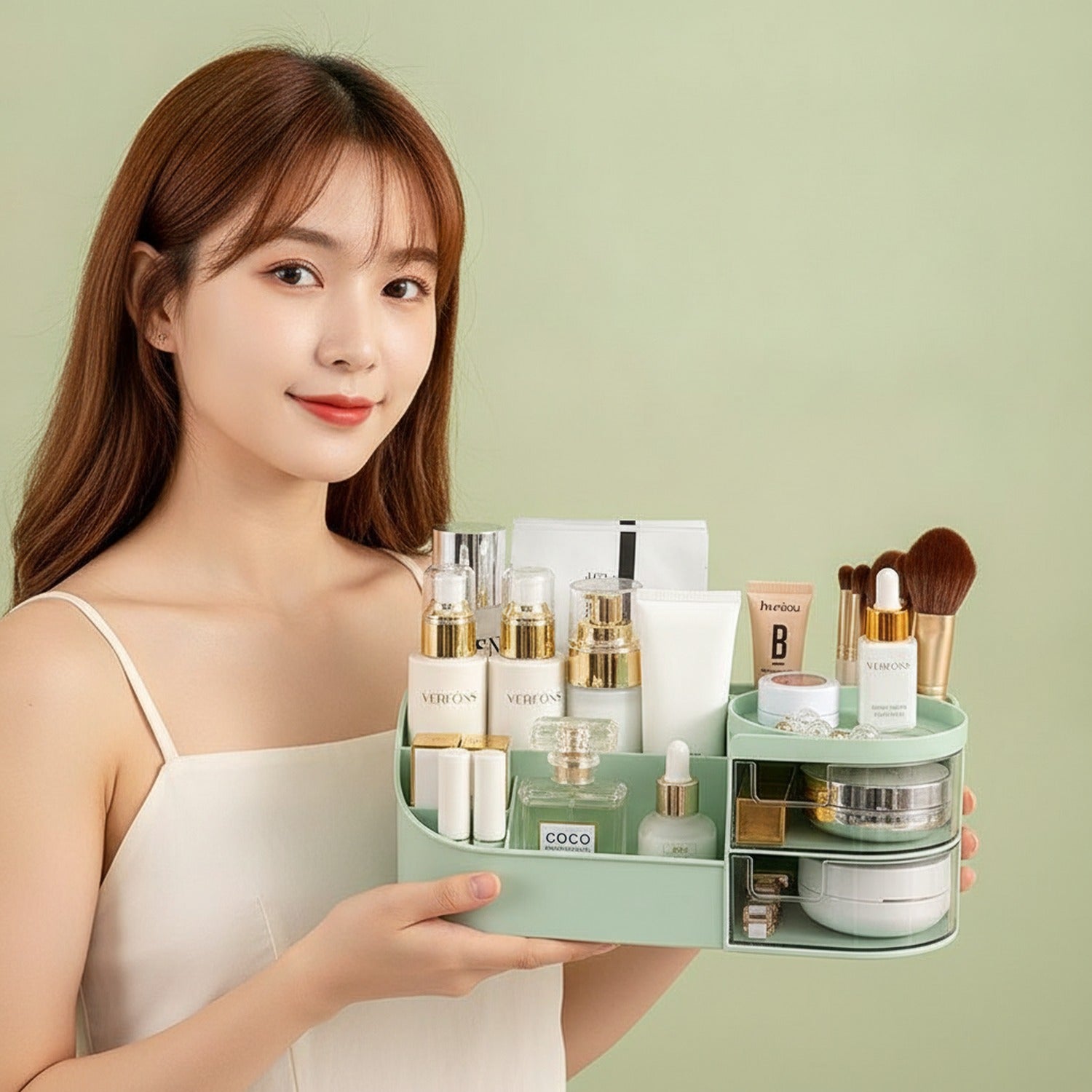 Rotating Cosmetic Organizer With Mirror And Brush Holder - Light Green Large No Mirror
