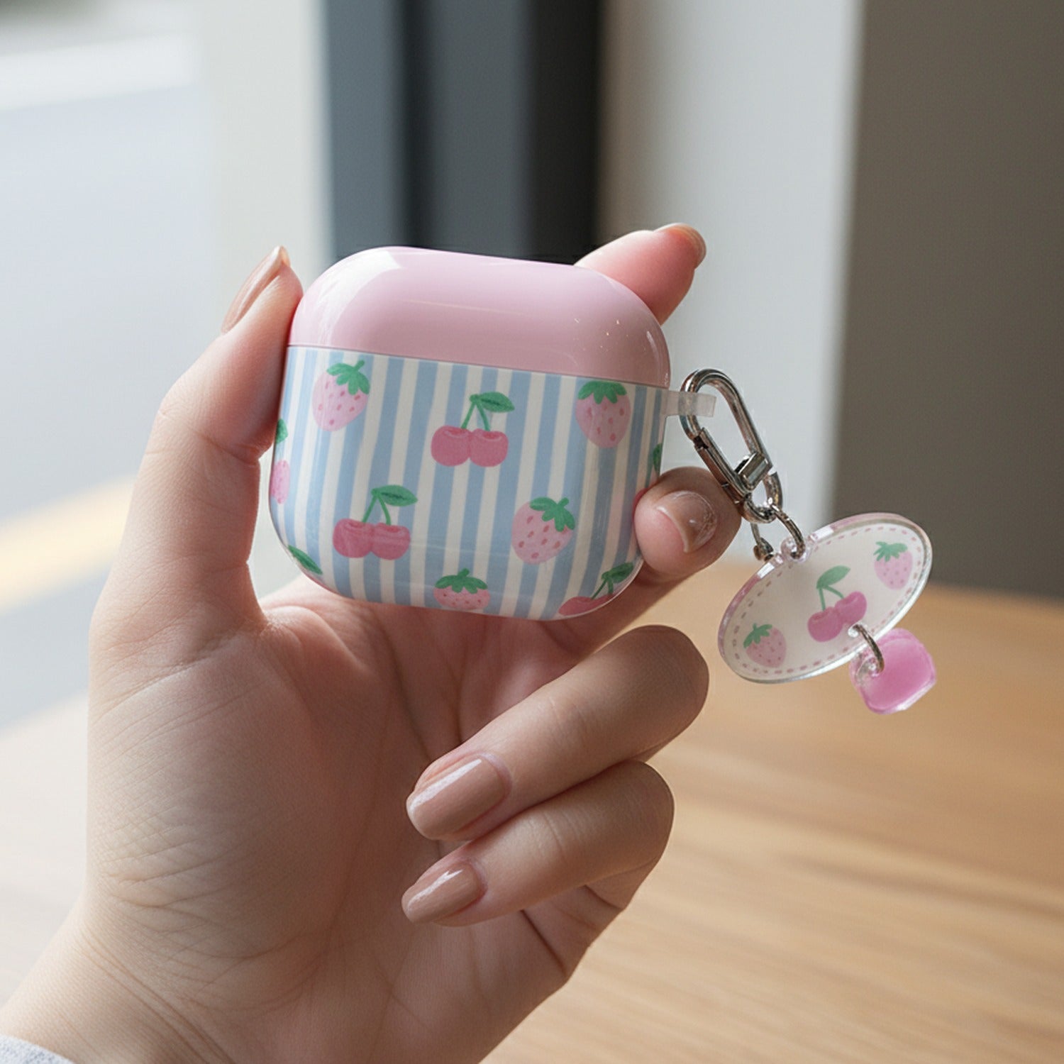 Cherry Striped AirPods Case with Charm Keychain