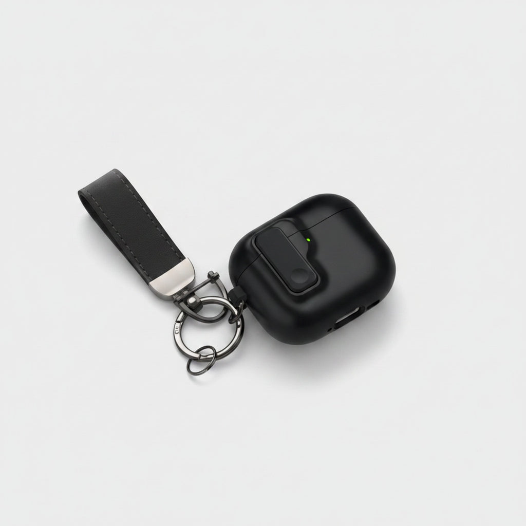 Black Leather AirPods Case With Keychain Strap