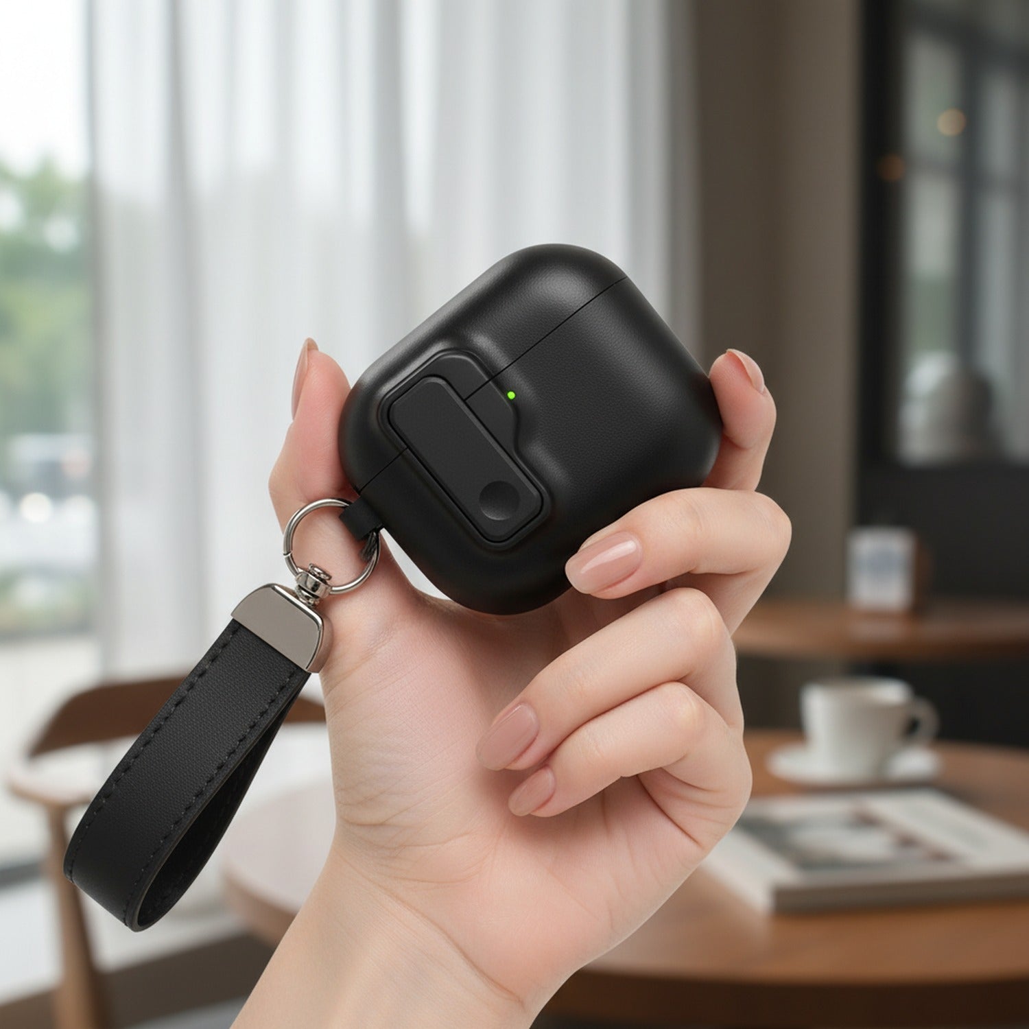 Black Leather AirPods Case With Keychain Strap