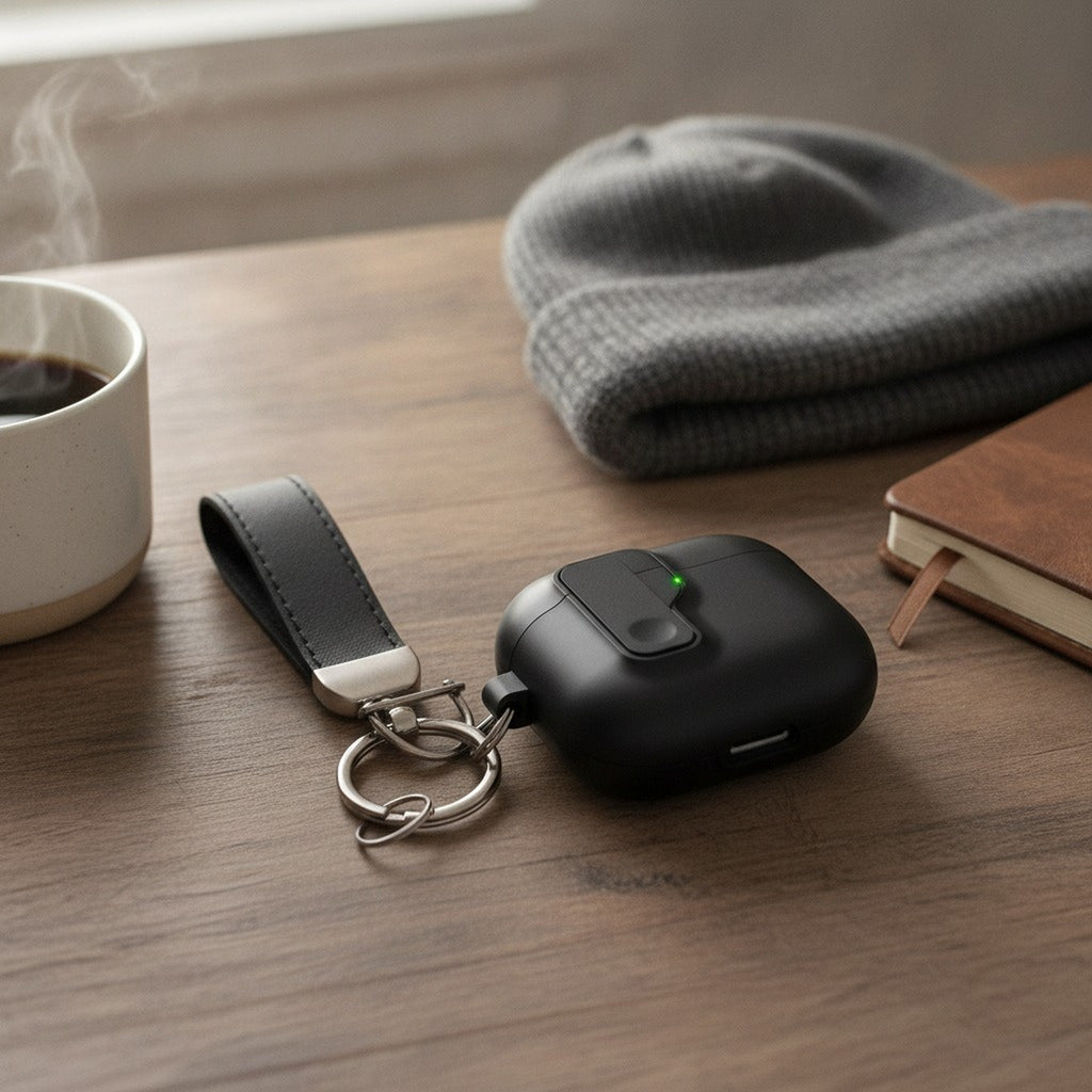 Black Auto Pop-Up Safety Lock AirPods Case with Gray Strap