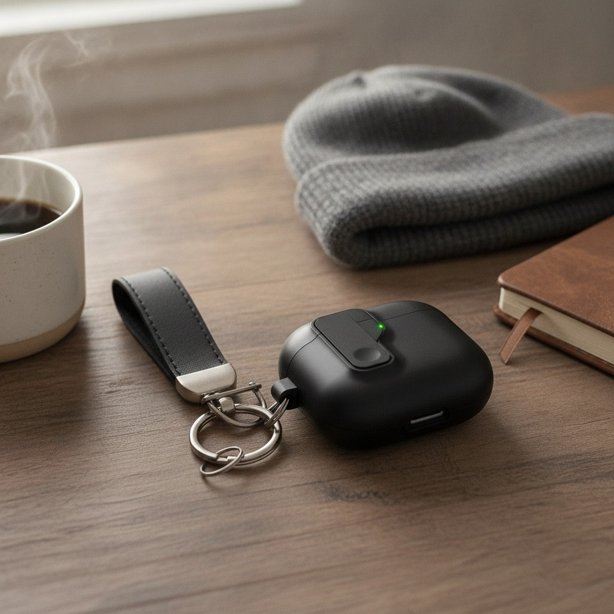 Black Auto Pop-Up Safety Lock AirPods Case with Gray Strap