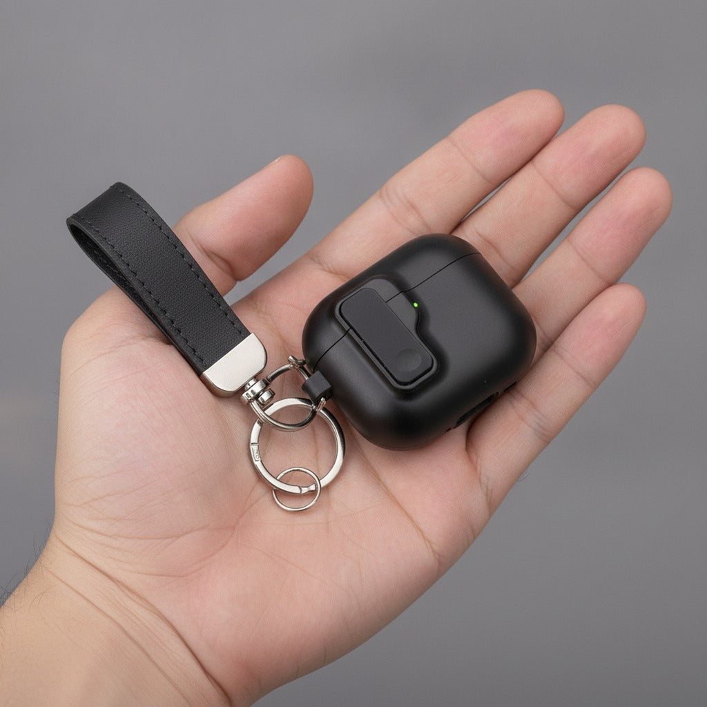 Black Auto Pop-Up Safety Lock AirPods Case with Gray Strap