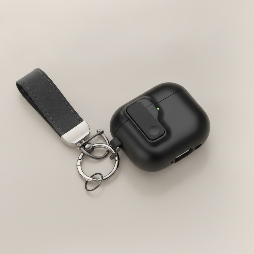 Black Auto Pop-Up Safety Lock AirPods Case with Gray Strap