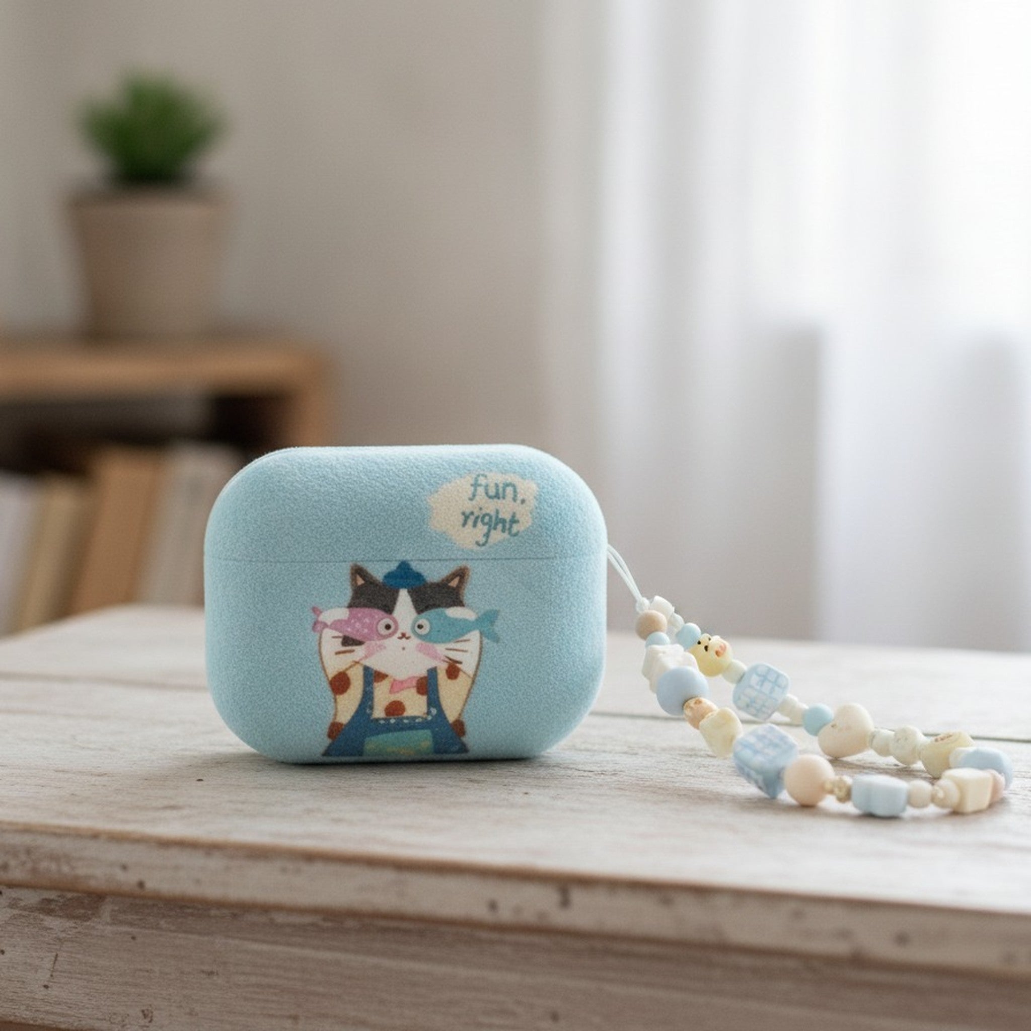 Blue Fun Cat AirPods Case & Beaded Lanyard