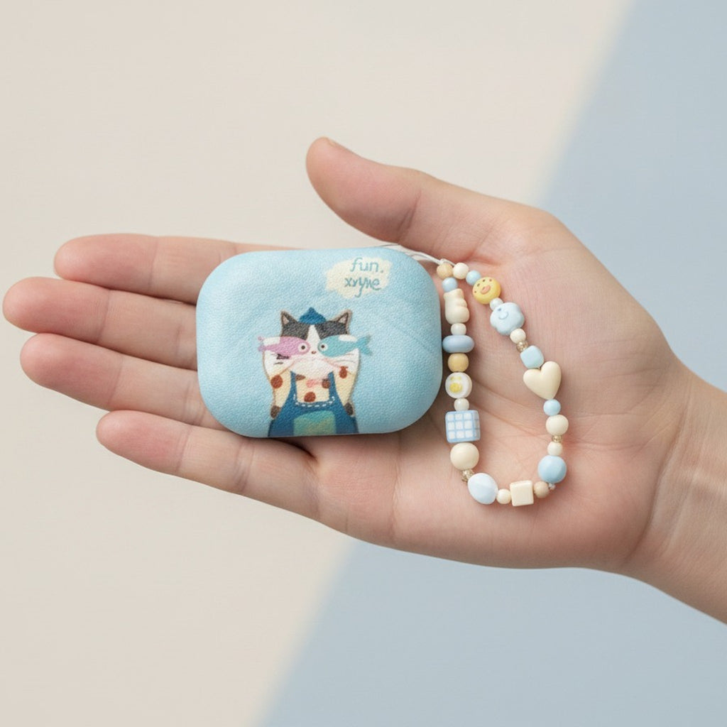 Blue Fun Cat AirPods Case & Beaded Lanyard