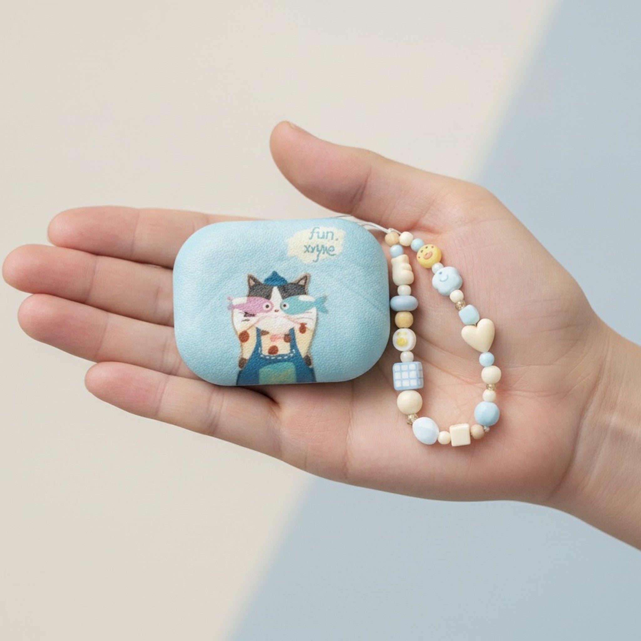 Blue Fun Cat AirPods Case & Beaded Lanyard