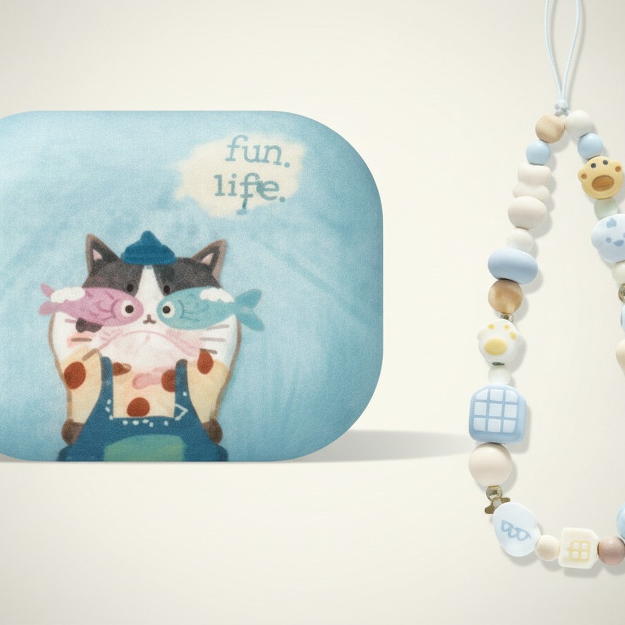 Blue Fun Cat AirPods Case & Beaded Lanyard