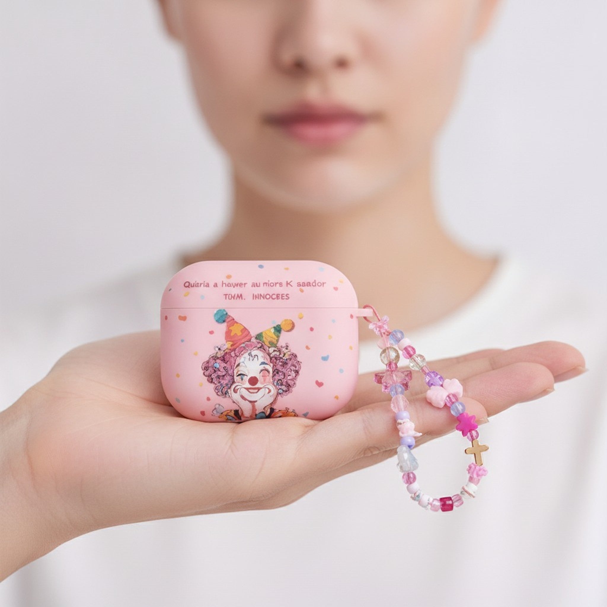 Pink Cartoon Clown AirPods Case with Lanyard