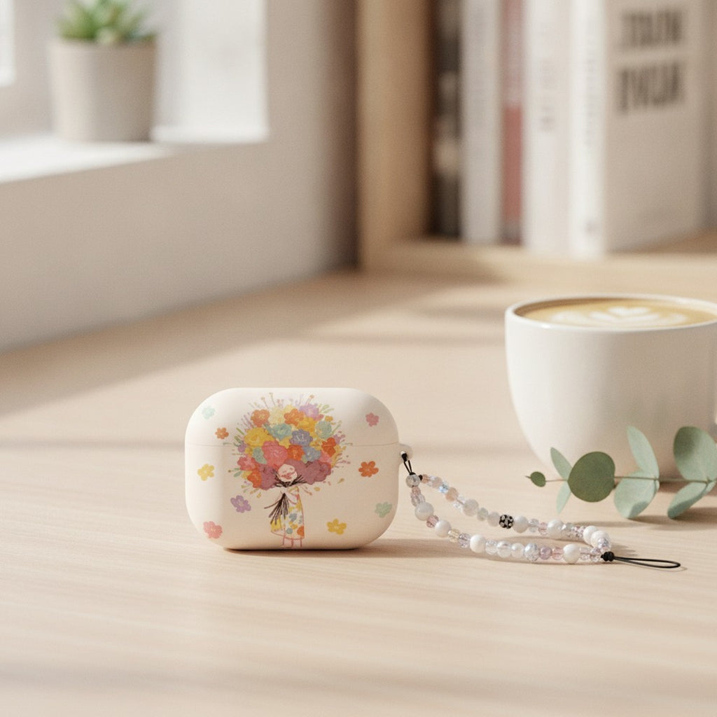 Yellow Flower Girl AirPods Case & Pearl Lanyard