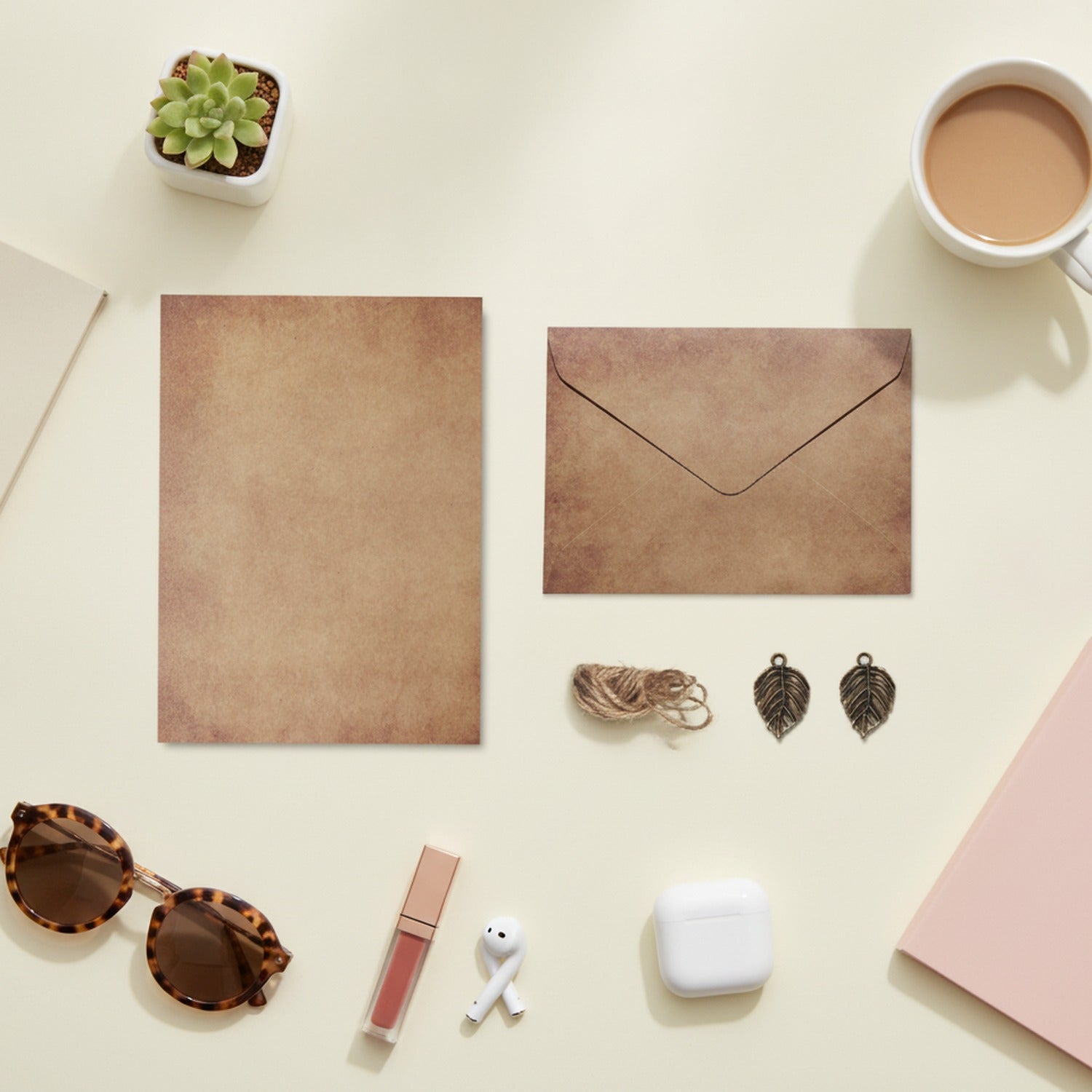 Vintage Kraft Paper Stationery Set With Leaf Charms