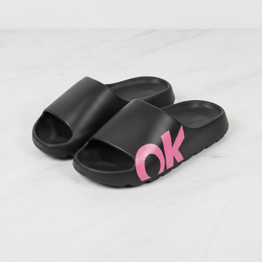 OK Slide Slippers - Black With Pink Text – apparel accessories (view 3)