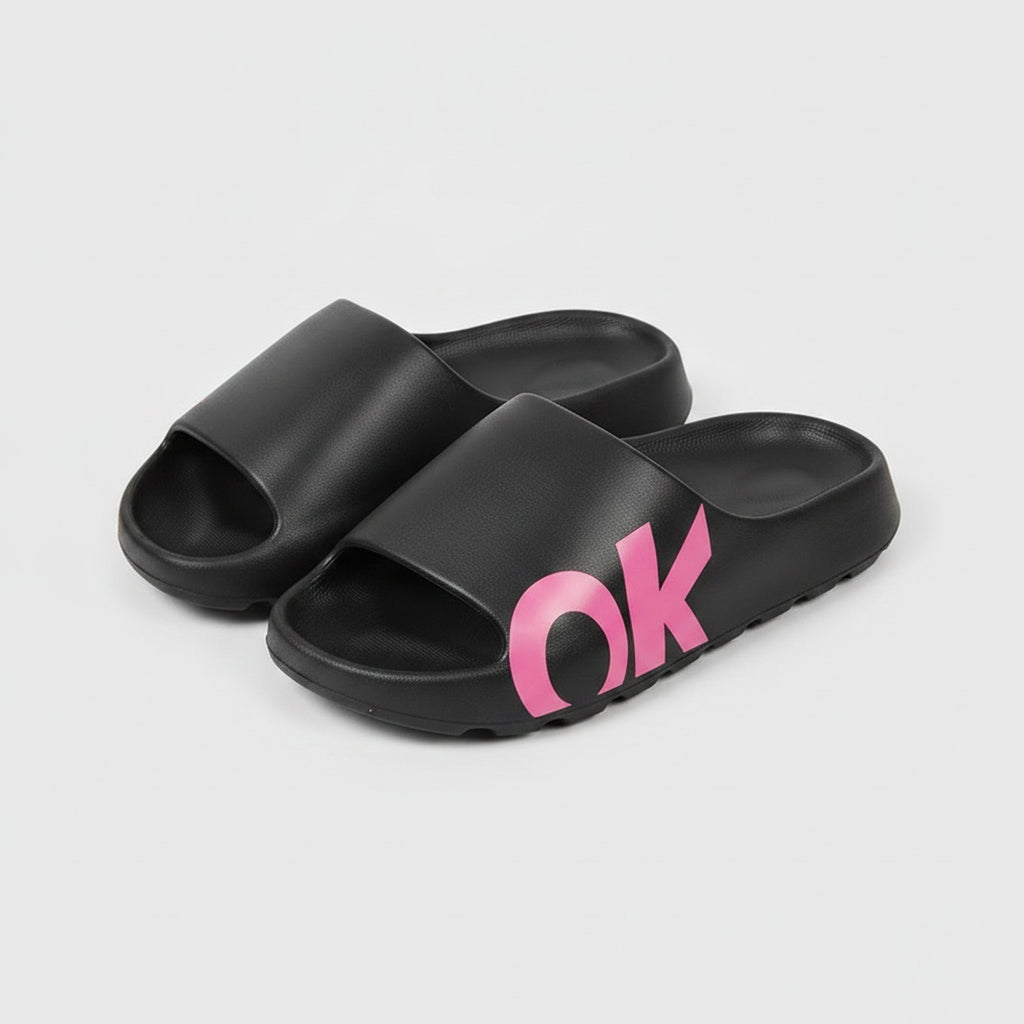 OK Slide Slippers - Black With Pink Text – apparel accessories (view 1)