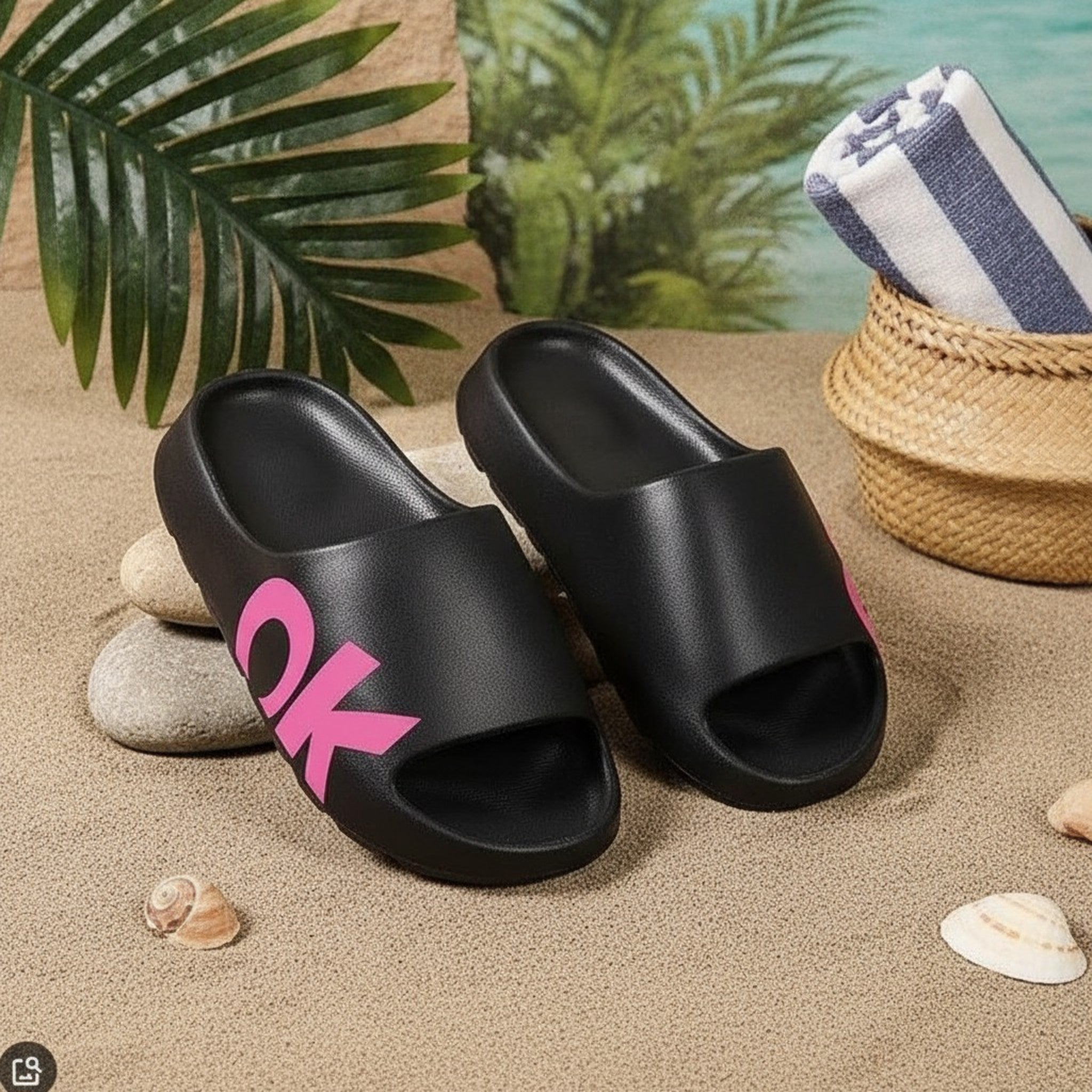 Women's Pink OK Graphic Black Slide Sandals