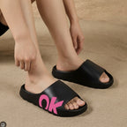 Women's Pink OK Graphic Black Slide Sandals