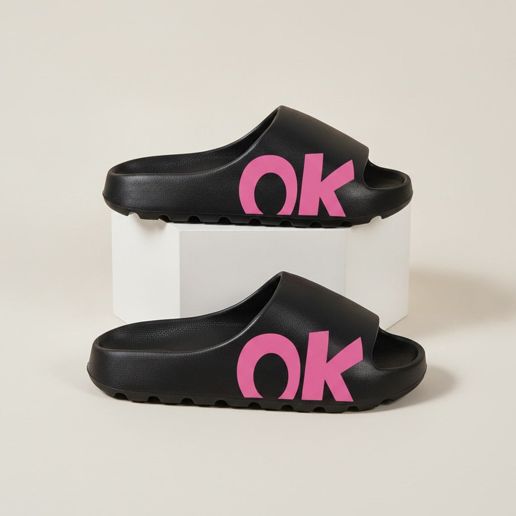 Women's Pink OK Graphic Black Slide Sandals