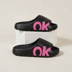 Women's Pink OK Graphic Black Slide Sandals