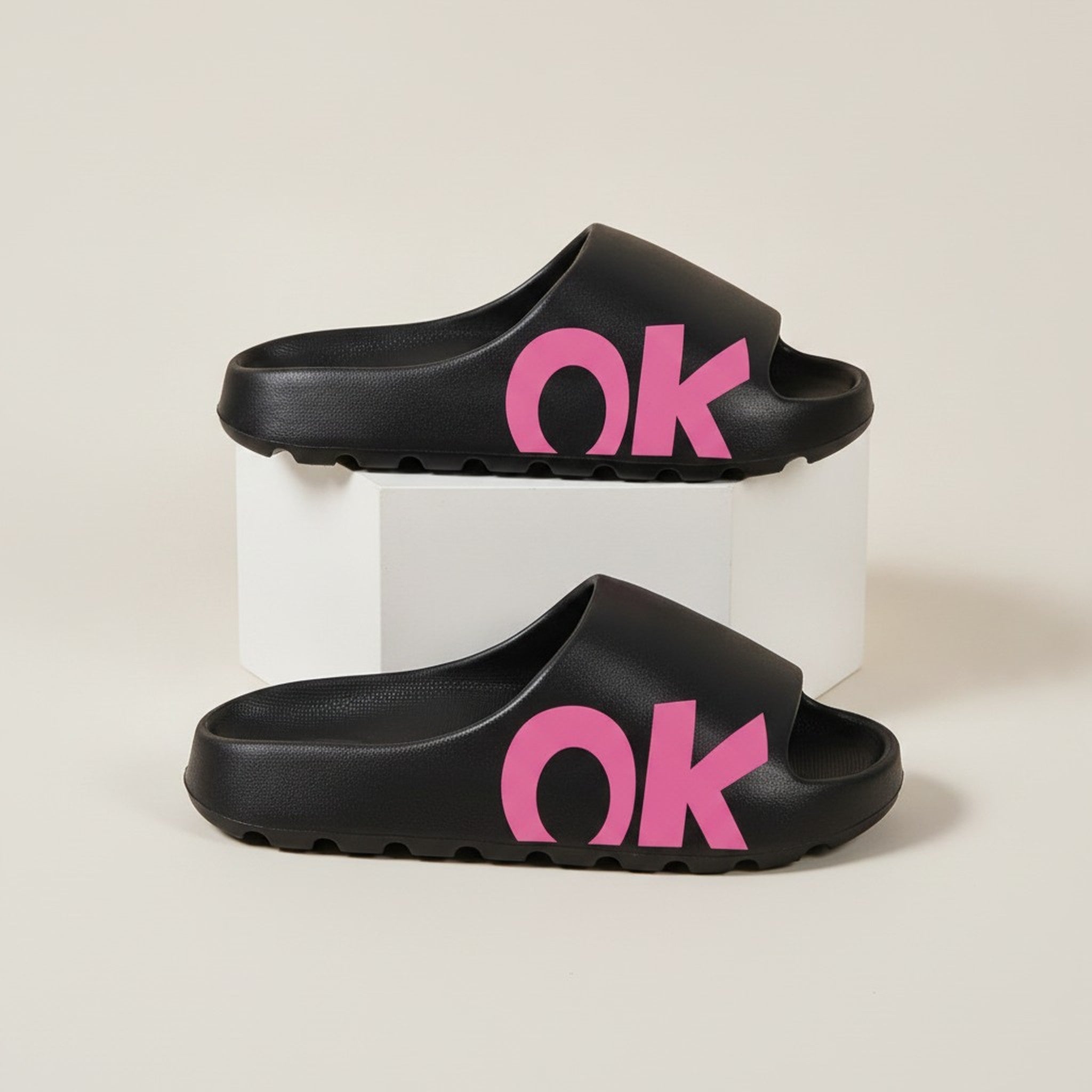 Women's Pink OK Graphic Black Slide Sandals