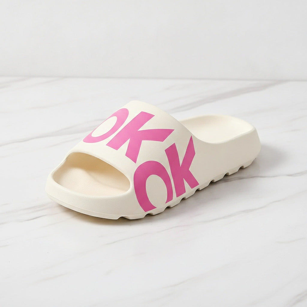 OK Slide Slippers - White With Pink Text