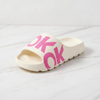 OK Slide Slippers - White With Pink Text