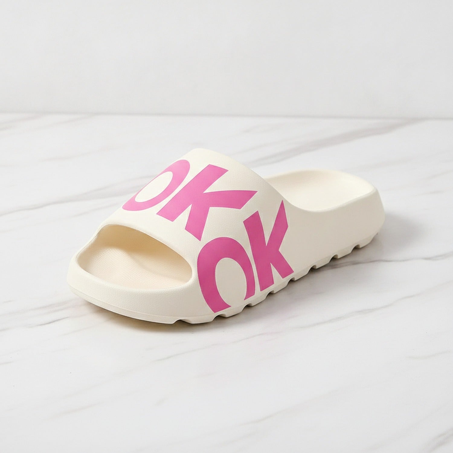 OK Slide Slippers - White With Pink Text