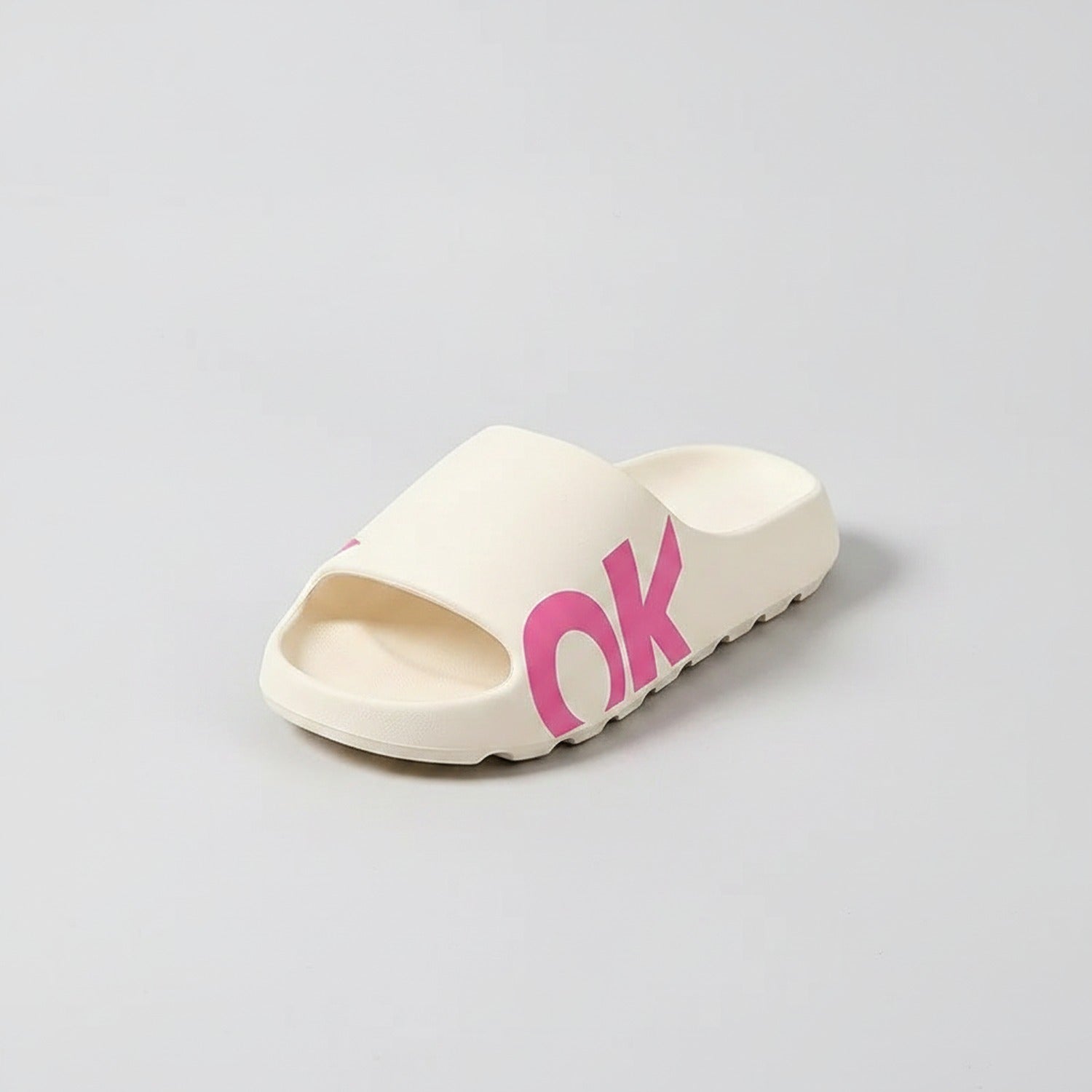 OK Slide Slippers - White With Pink Text