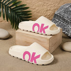 White OK Letter Print Cushion Slide Slippers