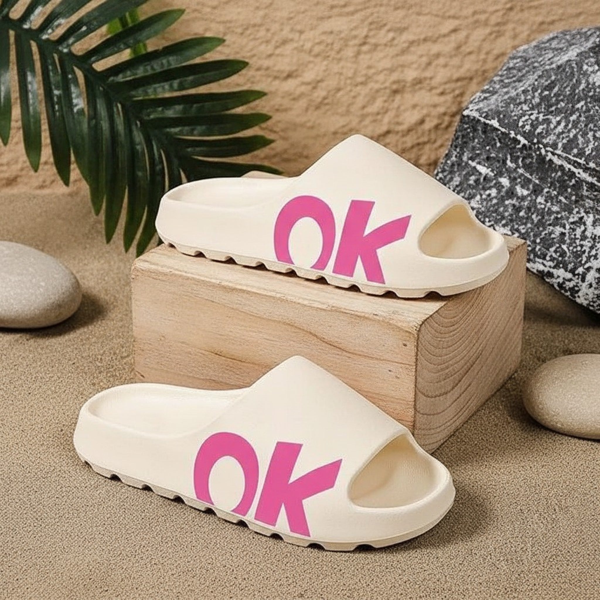 White OK Letter Print Cushion Slide Slippers